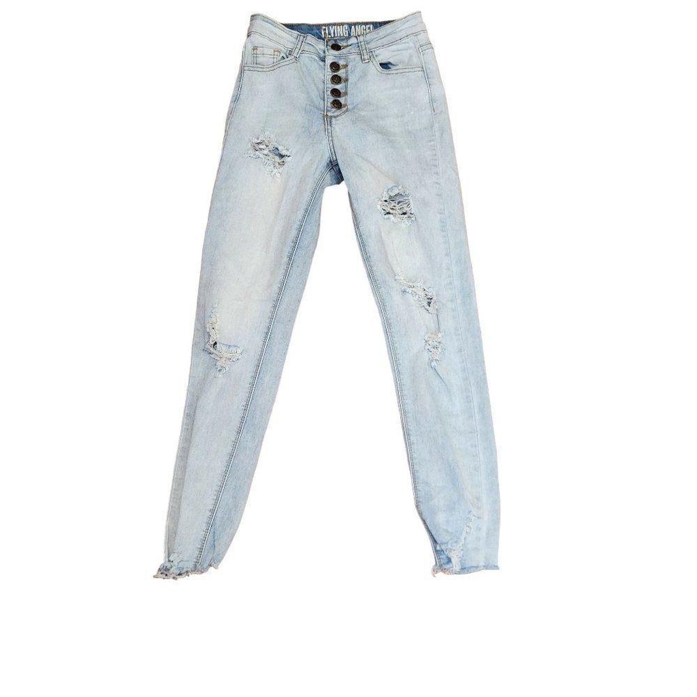 Flying Angel Distressed Acid Wash Button Fly Size 0 Jeans